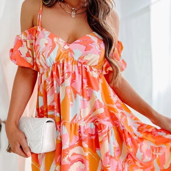 Lina colorful cold shoulder mini dress off the shoulder small - Picture 5 of 12